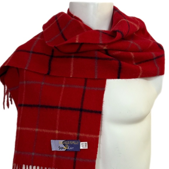 Red Tartan Plaid Wool Scarf – Classic Winter Pattern with Fringe - 12" x 54" - Picture 3 of 10